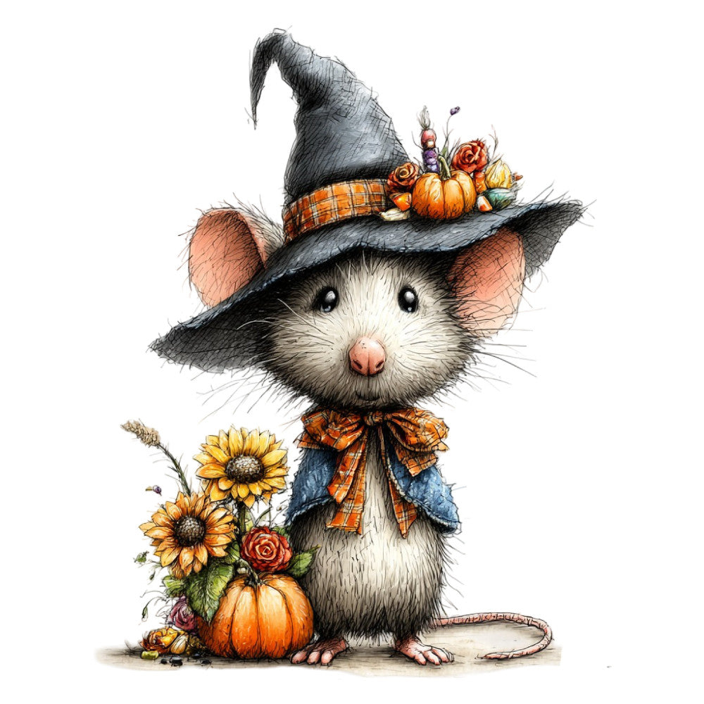 autumn, fall, harvest, halloween, witch hat, mouse, rat, rodent, animals, woodland, whimsical, cute, pumpkin, sunflower, roses, orange, black, cream, white, rust, plaid, tartan, nature, seasonal, children, kids, folk art, cottage core, farmhouse, illustrative