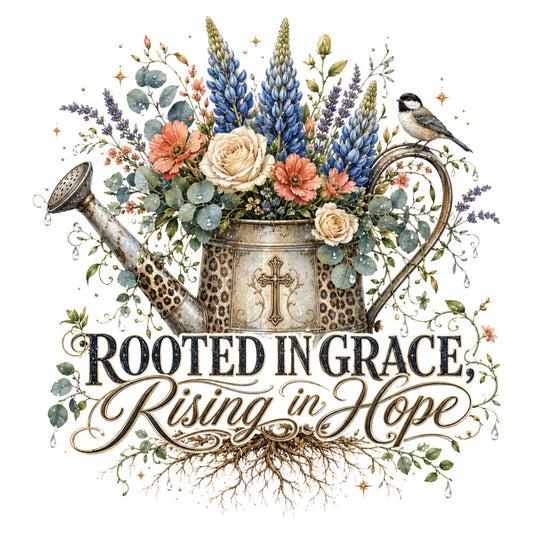 rooted in grace, rising in hope, watering can, blue lupines, cream roses, coral gerbera daisies, lavender flowers, eucalyptus leaves, birds, inspirational quotes, spiritual, religious cross, vintage garden, farmhouse style, rustic elegant, floral arrangement, nature themed, botanical, spring garden, summer blooms, peach, navy blue, sage green, cream, gold accents, whimsical, cottage core, faith based, decorative panel, wall hanging