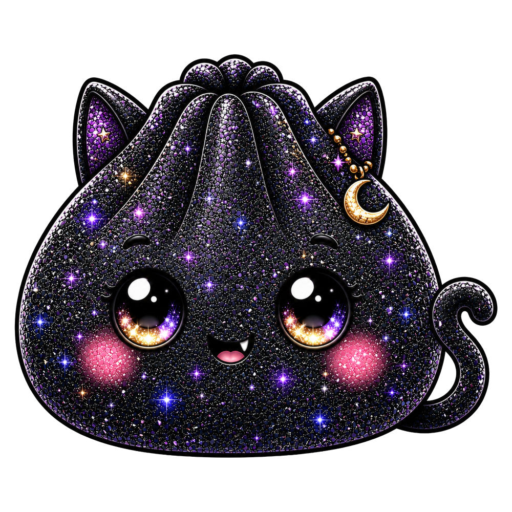 black glitter, deep purple, cosmic, celestial, cat, kitten, galaxy, stars, sparkly, glittery, whimsical, magical, moon, crescent moon, pink cheeks, metallic gold, mystical, night sky, fantasy, adorable, cute, kawaii, enchanted, dreamy, shimmer, charming, playful, dark purple, iridescent