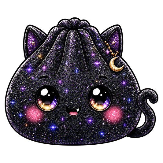 black glitter, deep purple, cosmic, celestial, cat, kitten, galaxy, stars, sparkly, glittery, whimsical, magical, moon, crescent moon, pink cheeks, metallic gold, mystical, night sky, fantasy, adorable, cute, kawaii, enchanted, dreamy, shimmer, charming, playful, dark purple, iridescent