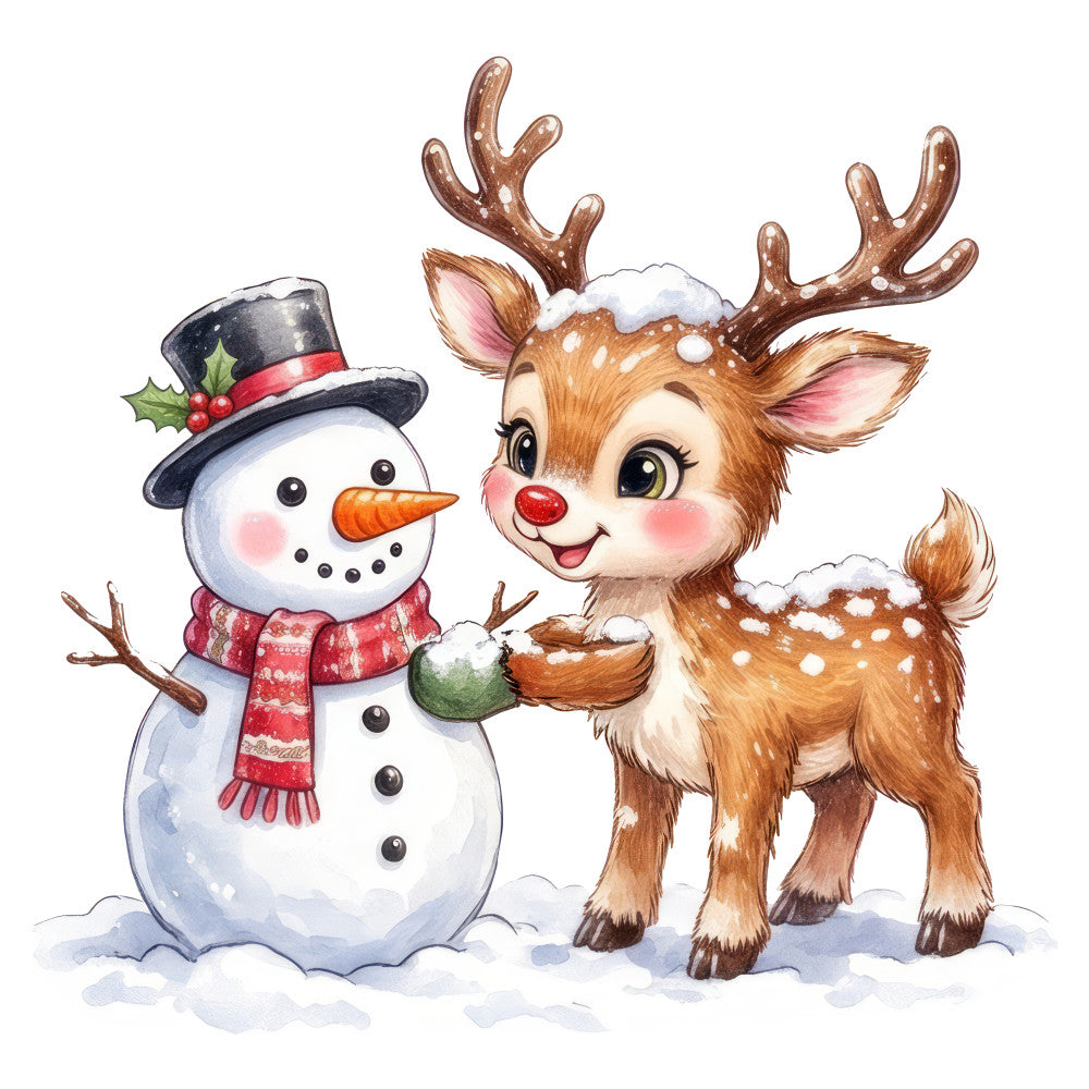 christmas, holiday, winter, snow, snowman, reindeer, deer, festive, whimsical, cute, charming, children, red, white, brown, tan, forest green, gold, carrot nose, top hat, scarf, antique red, cream, jolly, cheerful, seasonal, baby, nursery, traditional, nostalgic