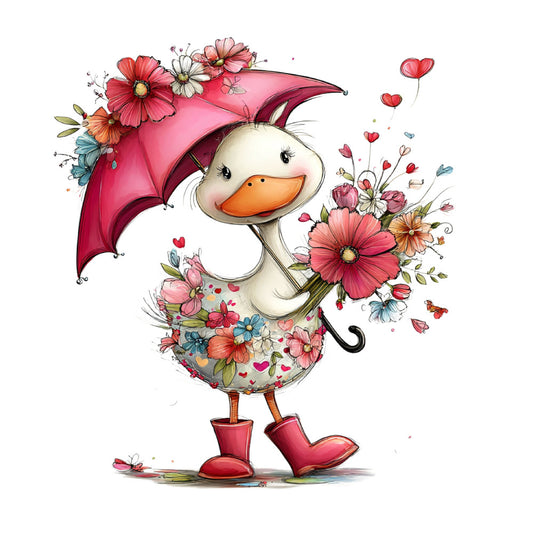 whimsical duck, floral, pink, coral, cream, orange, red boots, heart motifs, gerbera daisies, spring, summer, nature, animals, umbrella, cottage core, cheerful, playful, children's, baby, girl, romantic, botanical, flower bouquet, vintage inspired, folk art, decorative, illustrative, colorful