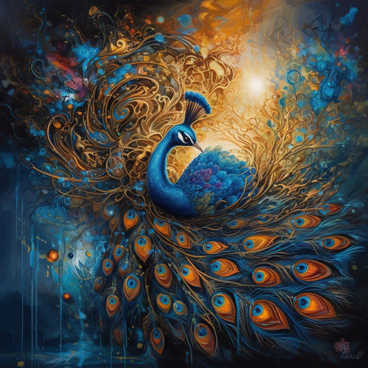 peacock, blue, gold, turquoise, orange, deep blue, ornamental, decorative, baroque, ornate, feathers, eye patterns, luxurious, elegant, whimsical, fantasy, jewel tones, metallic gold, intricate details, birds, nature-inspired, bohemian, celestial, magical, artistic, contemporary art, statement piece, wall hanging, home decor, sophisticated
