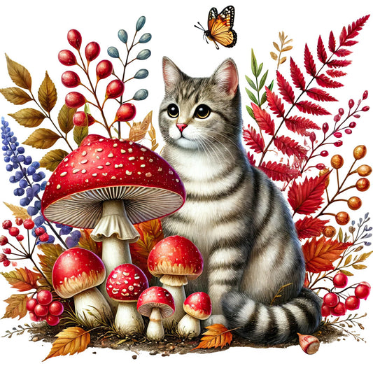 tabby cat, mushrooms, red mushrooms, autumn leaves, fall foliage, woodland, nature, animals, whimsical, botanical, berries, red berries, blue berries, butterfly, insects, forest green, cream white, rust red, burgundy, golden yellow, forest creatures, cottage core, rustic, traditional, seasonal, autumn, fall, woodland animals, magical, enchanted forest