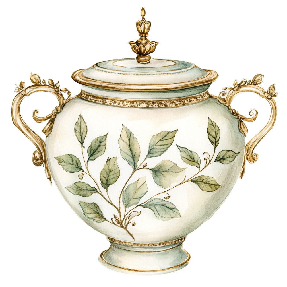 cream, sage green, gold, botanical, floral, leaves, vine, elegant, vintage, traditional, botanical illustration, decorative, ornamental, nature, spring, summer, classic, timeless, delicate, branch, foliage, formal, sophisticated, damask-inspired, greenery, botanical print, pale green, antique gold, heritage, gallery quality