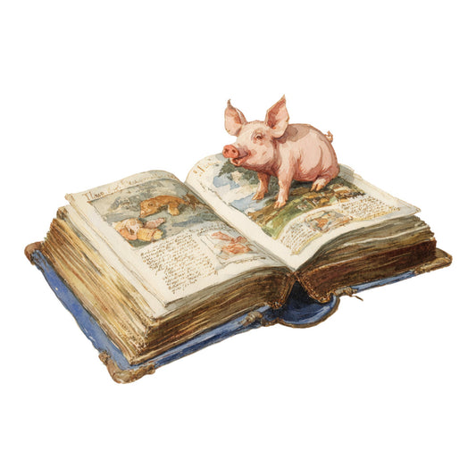 vintage book, antique illustration, pig, farm animals, farmhouse, rustic, storybook, children's literature, blue cloth binding, brown leather spine, aged paper, whimsical, traditional, cream, tan, rust, blue, brown, gold accents, nostalgic, literary, educational, classic, pastoral, animal illustration, old world charm, heritage, timeless, cottage core