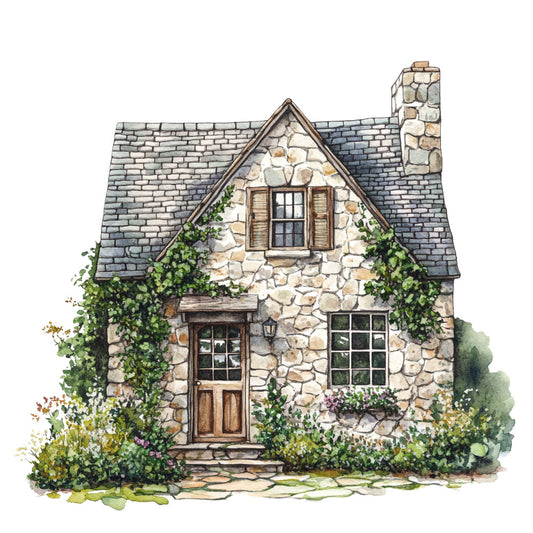 stone cottage, watercolor illustration, english countryside, ivy covered walls, slate roof, chimney, wooden shutters, garden pathway, flowering plants, cream colored stone, gray roof tiles, cottage core, rustic charm, pastoral scene, fabric panel, quilting cotton, botanical elements, cozy home, country living, architectural design