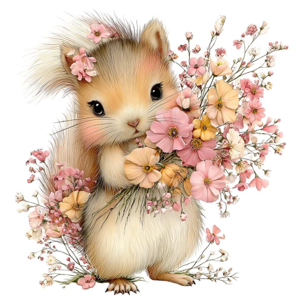 fluffy animal, cute hamster, guinea pig, rodent, pink flowers, coral flowers, peach flowers, cream flowers, floral bouquet, whimsical, adorable, spring, garden, nature, woodland creature, soft colors, pastel pink, dusty rose, warm neutrals, daisy, cosmos, baby quilt, nursery, children's fabric, gentle style, storybook, illustrated, decorative panel, sweet, innocent
