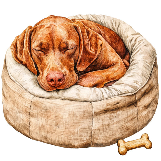 reddish-brown, rust, golden brown, tan, cream, beige, dog, labrador retriever, sleeping dog, cozy, pet, animal portrait, whimsical, charming, dog bed, bone, treat, farmhouse, rustic, traditional, home decor, dog lover, pet themed, adorable, children's, playful, illustration style, detailed, companion animal