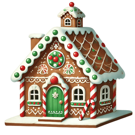 gingerbread house, christmas, holiday, festive, cream white, red, forest green, brown, candy cane, candy, sweets, dessert, winter, snow, decorative, whimsical, traditional, nostalgic, victorian, gingerbread, candy balls, wreath, door, windows, roof, chimney, scalloped trim, ornamental, seasonal, home decor