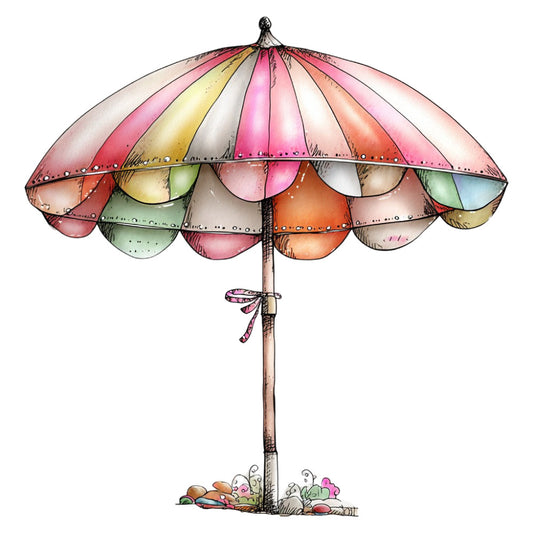 umbrella, parasol, whimsical, vintage, pastel colors, coral pink, dusty rose, soft yellow, sage green, cream, light blue, peach, scalloped edges, decorative rivets, beach, summer, garden, botanical, retro, nostalgic, children's illustration, storybook, whimsy, nature-inspired, seaside, cottage core, illustration art, colorful stripes, double canopy, mushrooms