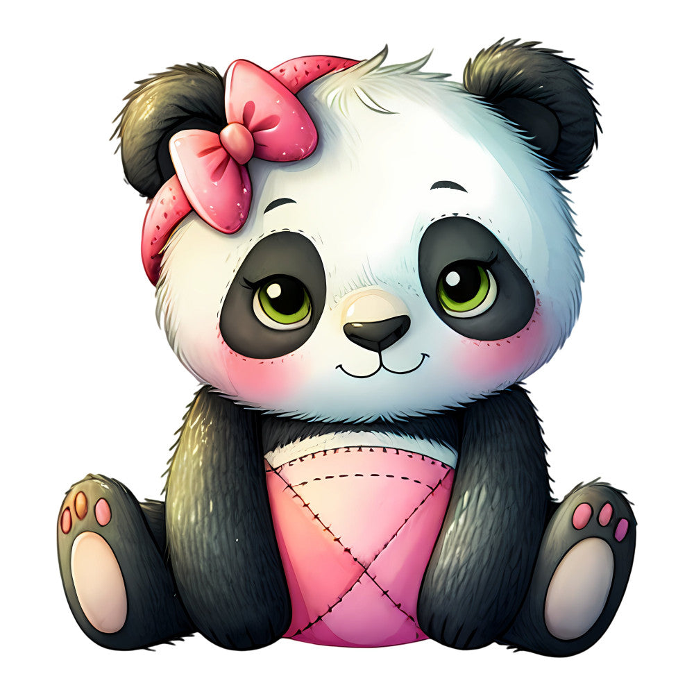cute panda, pink bow, black and white, forest green eyes, kawaii, whimsical, children's fabric, baby quilt, nursery, animal characters, plush toy design, playful, adorable, stuffed animal, gender neutral, girls bedding, decorative panel, cartoon animals, soft colors, blush pink, cream, black fur, panda theme, cute characters, child friendly, charming, sweet, illustrated animals, colorful accents