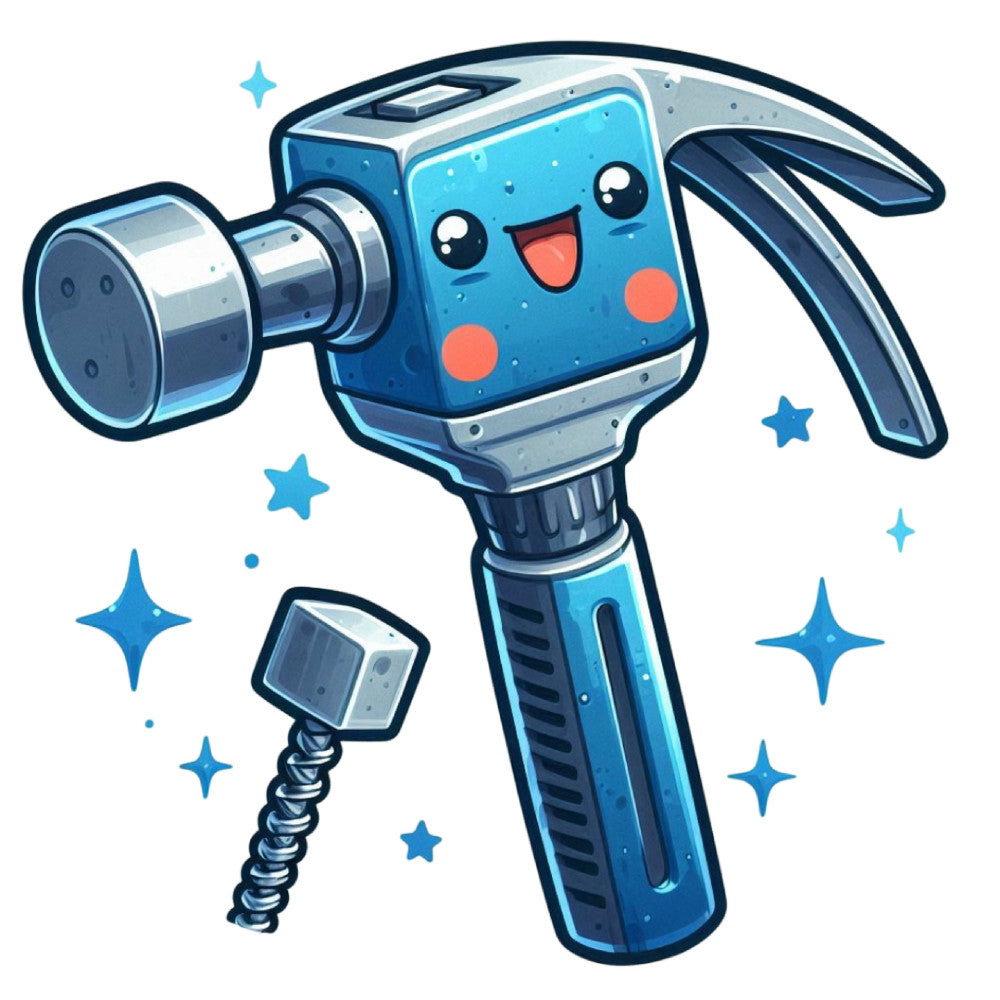 sky blue, navy blue, white, coral, cute, whimsical, cartoon, tool, hammer, wrench, screw, stars, celestial, modern, playful, character, smiling face, anthropomorphic, kids, children, fun, construction, diy, builder, bright colors, detailed illustration