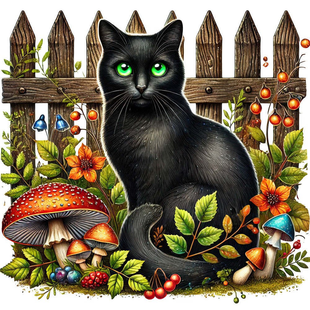black cat, emerald green eyes, woodland, nature, animals, mushrooms, red mushroom, toadstools, berries, orange flowers, garden, fence, whimsical, magical, folklore, autumn, fall, cottage core, forest, botanical, leaves, foliage, blue bells, rustic, enchanted, seasonal, harvest, quirky, illustration style