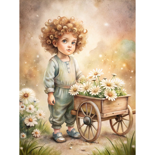 child, curly hair, overalls, wooden cart, white daisies, flowers, vintage style, whimsical, soft pastels, sage green, cream, brown tones, garden scene, fabric panel, quilting cotton, nostalgic, storybook illustration, watercolor effect, sparkles, pastoral
