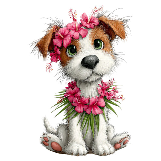 cute puppy, dog, pink flowers, hibiscus, floral, animal, whimsical, children, baby, spring, summer, green leaves, brown and white, cream white, coral pink, hot pink, magenta, illustration, character panel, playful, sweet, adorable, nursery, pet lover, nature, botanical, bright colors, cheerful, girl, kids fabric