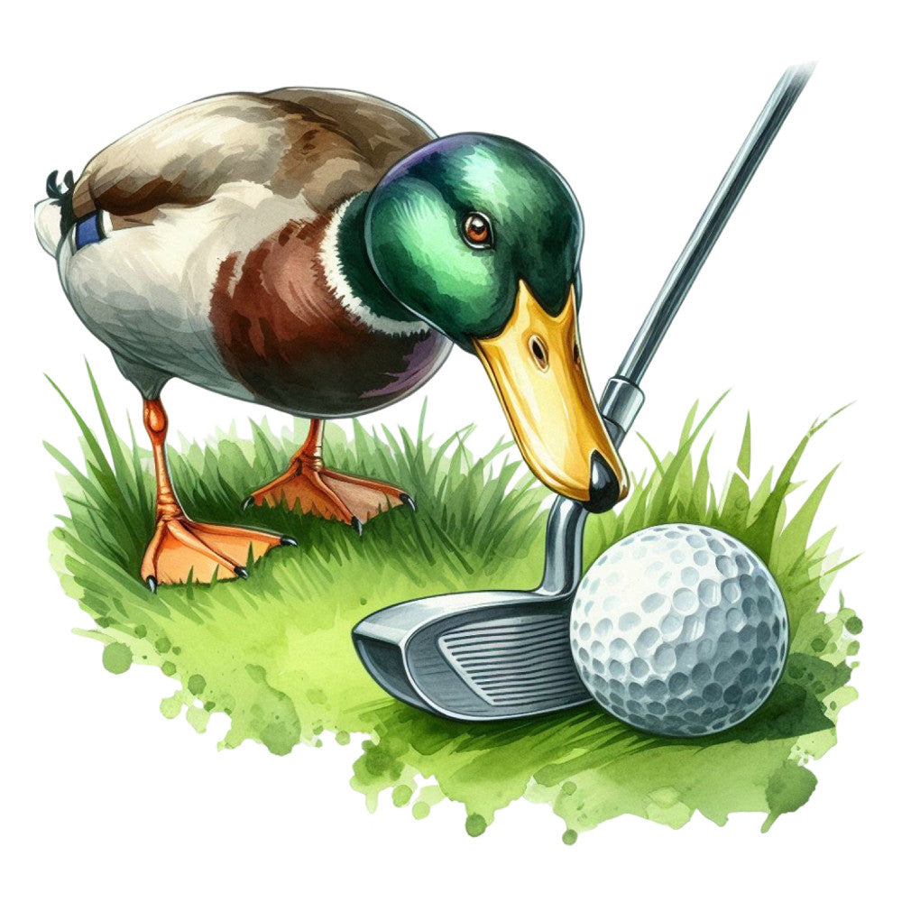 golf, sports, duck, mallard, green head, yellow bill, golf ball, golf club, grass, nature, animals, birds, watercolor, whimsical, outdoor, recreation, leisure, forest green, goldenrod yellow, white, brown, tan, illustrative, charming, playful, spring, summer