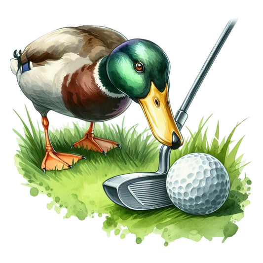 golf, sports, duck, mallard, green head, yellow bill, golf ball, golf club, grass, nature, animals, birds, watercolor, whimsical, outdoor, recreation, leisure, forest green, goldenrod yellow, white, brown, tan, illustrative, charming, playful, spring, summer