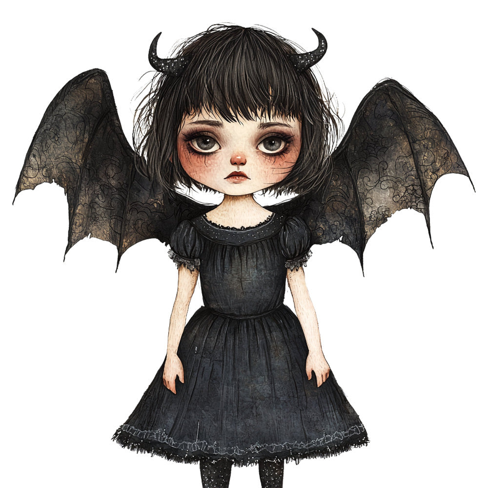 black, charcoal gray, pale skin tone, dark gothic, demon child, little devil, horns, bat wings, big eyes, whimsical, dark whimsical, gothic, spooky, halloween, supernatural, cute dark, alternative, alternative fashion, dark fantasy, fantasy character, lace trim, black dress, gothic fashion, beaded details, ethereal, mysterious, dark romance, children's apparel, costume, character design