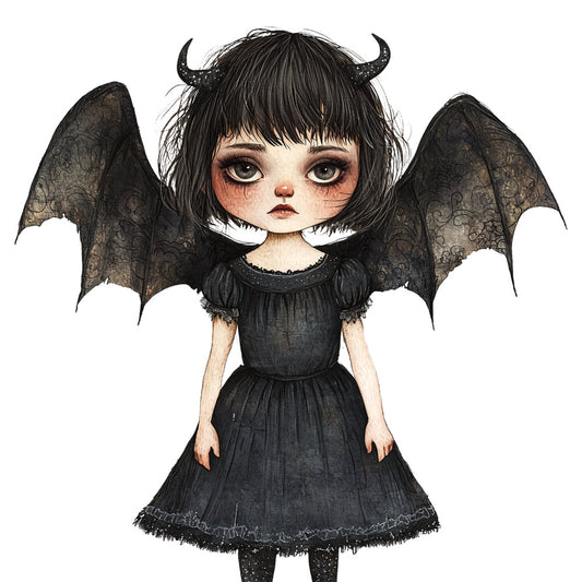 black, charcoal gray, pale skin tone, dark gothic, demon child, little devil, horns, bat wings, big eyes, whimsical, dark whimsical, gothic, spooky, halloween, supernatural, cute dark, alternative, alternative fashion, dark fantasy, fantasy character, lace trim, black dress, gothic fashion, beaded details, ethereal, mysterious, dark romance, children's apparel, costume, character design