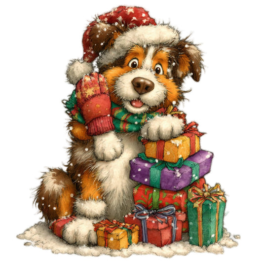 christmas dog, holiday puppy, festive animals, red santa hat, green scarf, colorful gifts, wrapped presents, winter dog, snow scene, cheerful dog, happy puppy, red and green, gold accents, purple gifts, orange gifts, whimsical style, children's fabric, cute animals, seasonal decoration, christmas theme, holiday decor, festive mood, playful character, dog lover, pet themed, family friendly, joyful expression, gift giving, winter holiday, stocking stuffer fabric
