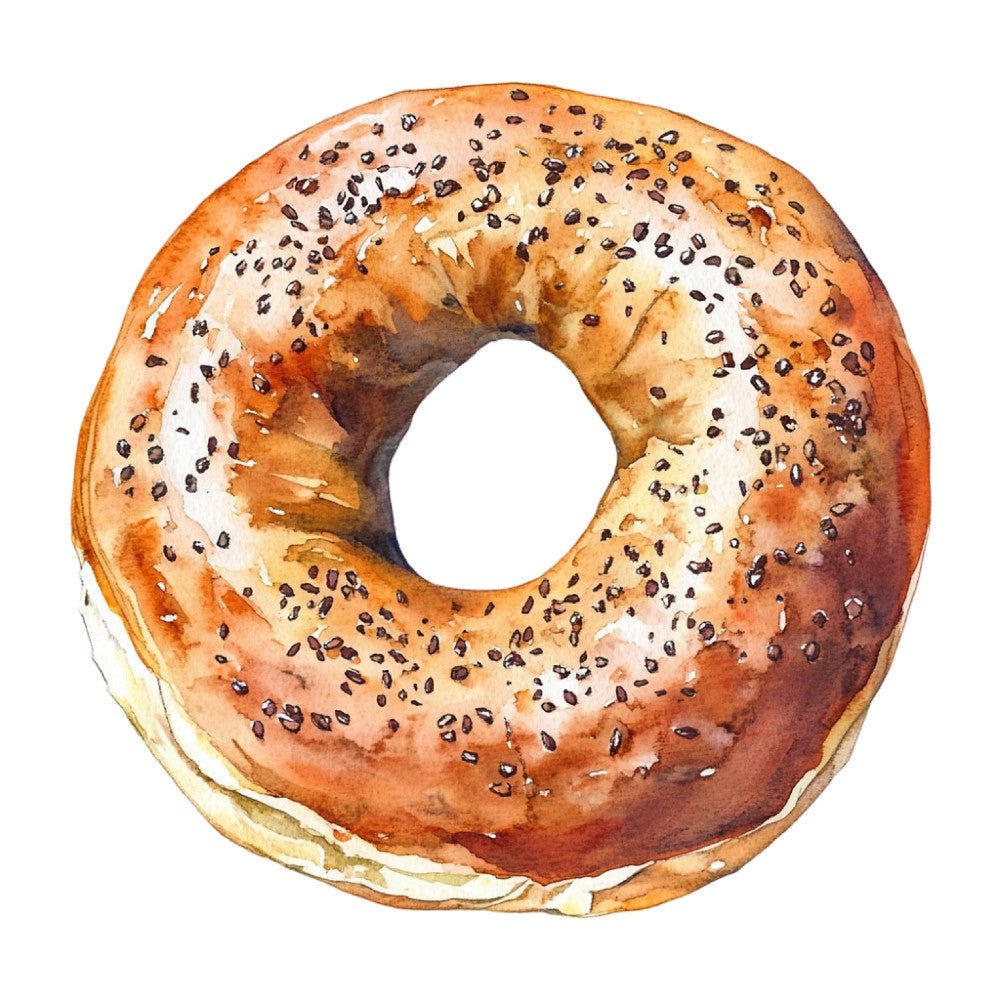 bagel, sesame seeds, poppy seeds, food print, breakfast theme, bakery, cream cheese, toasted brown, tan, beige, cream, realistic food, food illustration, foodie, kitchen decor, culinary, deli, brunch, cafe style, food lover, culinary arts, restaurant theme, gourmet, artisan bakery, food photography, realistic illustration, comfort food, casual style, appetizing