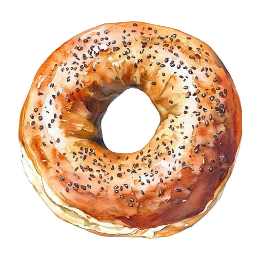 bagel, sesame seeds, poppy seeds, food print, breakfast theme, bakery, cream cheese, toasted brown, tan, beige, cream, realistic food, food illustration, foodie, kitchen decor, culinary, deli, brunch, cafe style, food lover, culinary arts, restaurant theme, gourmet, artisan bakery, food photography, realistic illustration, comfort food, casual style, appetizing