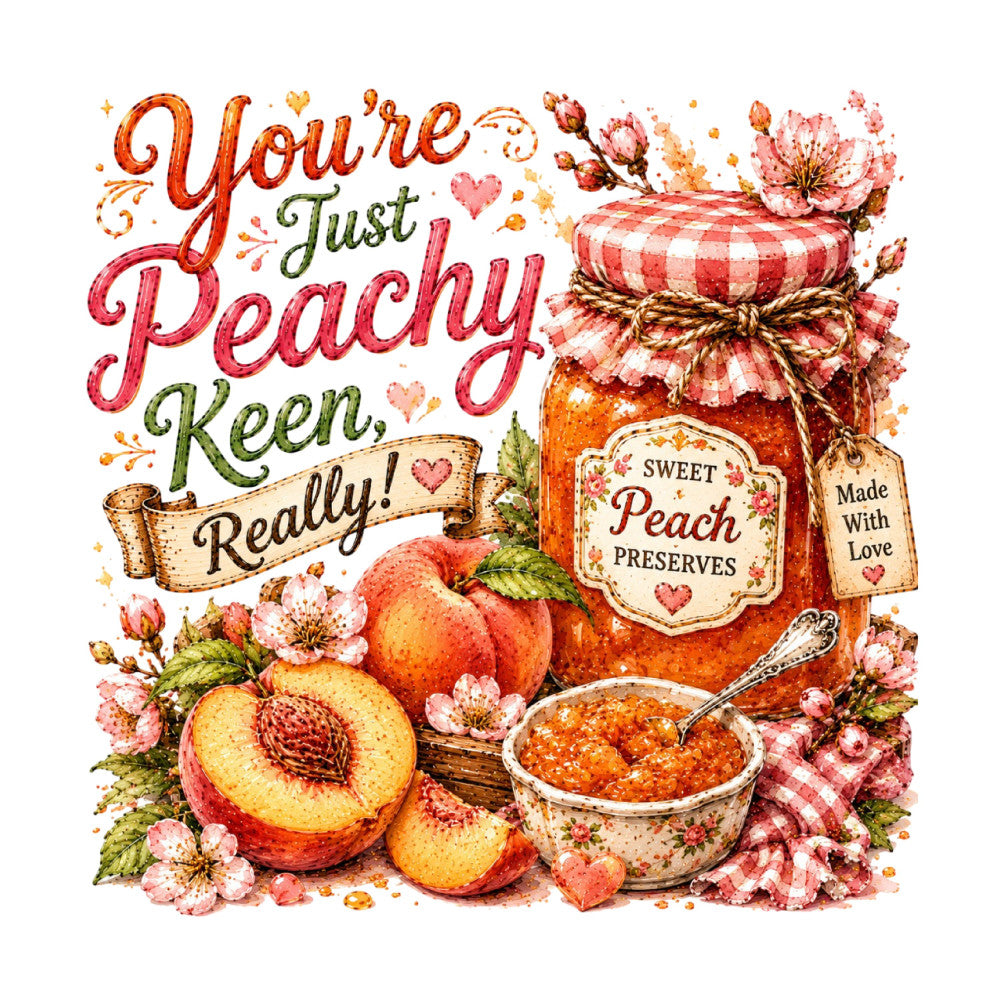 peach, coral pink, rose pink, cream, golden yellow, sage green, vintage, farmhouse, rustic, floral, cottage core, preserves, jam jar, peaches, fruit, botanical, hearts, spring, summer, whimsical, romantic, sweet, homemade, gingham check, shabby chic, country, nostalgic, kitchen decor, food themed, retro
