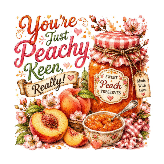 peach, coral pink, rose pink, cream, golden yellow, sage green, vintage, farmhouse, rustic, floral, cottage core, preserves, jam jar, peaches, fruit, botanical, hearts, spring, summer, whimsical, romantic, sweet, homemade, gingham check, shabby chic, country, nostalgic, kitchen decor, food themed, retro