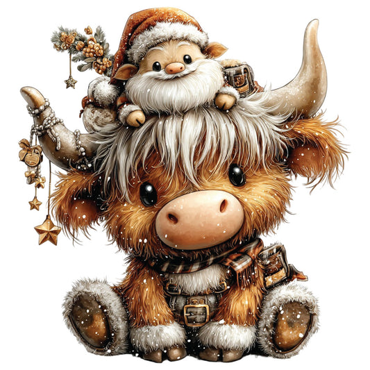 highland cow, christmas gnome, brown fur, orange hat, white beard, festive decorations, winter scene, whimsical illustration, fabric panel, quilting cotton, holiday theme, cute characters, snowflakes, golden bells, rustic charm, warm earth tones, seasonal crafting, cotton fabric, adorable animals, christmas spirit