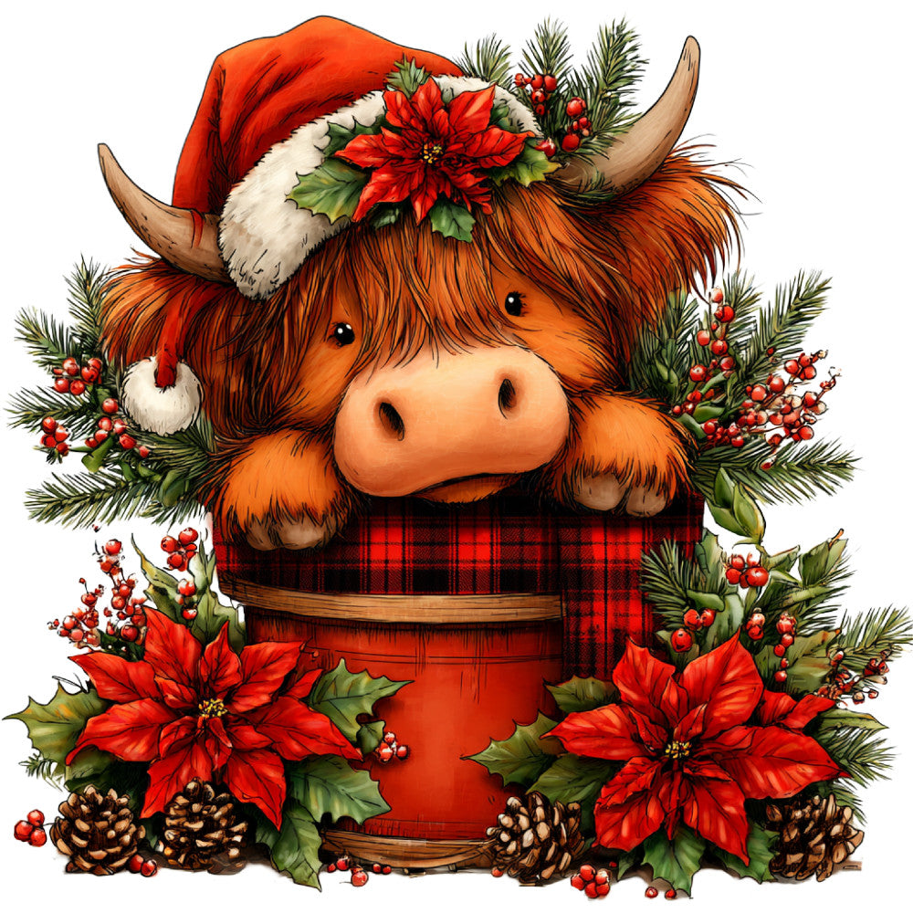 highland cattle, scottish, plaid, red plaid, christmas, holiday, poinsettia, evergreen, festive, rustic, whimsical, farm animals, country style, tartan, red and black, brown, cream, traditional, seasonal, winter, pine branches, berries, pinecones, farmhouse style, folk art, charming, rustic christmas, woodland, decorative panel