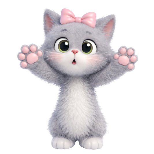 gray cat, pink bow, cute animals, children's fabric, baby fabric, whimsical, playful, cartoon cat, light gray, soft gray, white, pink accents, animal faces, kitten, paw pads, big eyes, girl's fabric, nursery, baby quilt, wall hanging, cheerful, fun, sweet, adorable, novelty print, character fabric, kids' design, pastel colors, blush pink