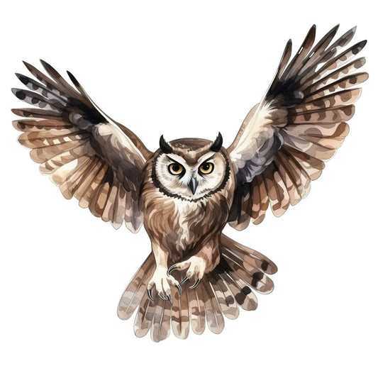 owl, watercolor, brown, cream, beige, tan, wings spread, flying owl, bird, wildlife, nature, feathers, detailed plumage, realistic artwork, fabric panel, quilting cotton, earthy tones, neutral colors, animal motif, raptor