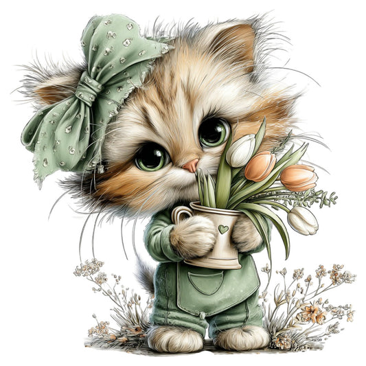 cute cat, fluffy kitten, sage green, cream, tan, brown, soft green bow, floral, tulips, flowers, animals, whimsical, spring, Easter, garden theme, adorable, nursery, baby, children's, sweet, gentle, nature, botanical, potted flowers, hearts, cheerful, playful, kawaii style, illustration art