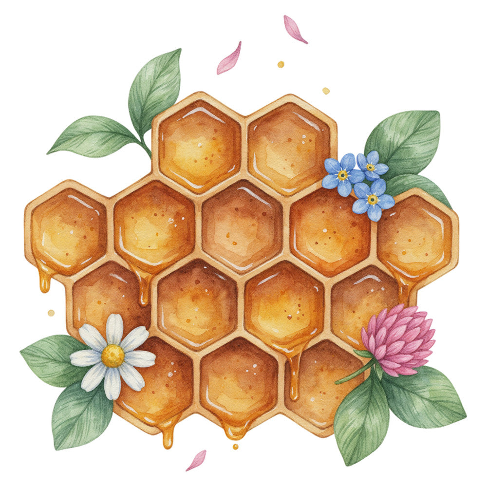 honeycomb, honey, bee, floral, nature, botanical, golden yellow, honey gold, cream, sage green, dusty rose, cornflower blue, watercolor, whimsical, spring, summer, farmhouse, rustic, forget-me-not, daisy, clover, leaves, foliage, dripping honey, sweet, cottage core, nature inspired, decorative panel, wall art, garden theme