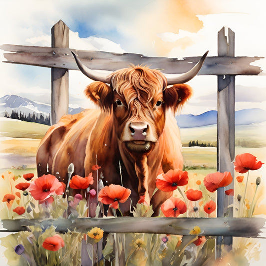 highland cattle, longhorn bull, rustic farmhouse, wildflower, poppy flowers, red poppies, coral red, burnt orange, cream, sage green, mountain landscape, pastoral scene, farm animals, country style, folk art, watercolor style, nature themed, spring flowers, summer meadow, rustic elegance, countryside, traditional pastoral, whimsical animals, scenic landscape, floral wildlife, vintage farmhouse, botanical, field flowers, scenic wall hanging