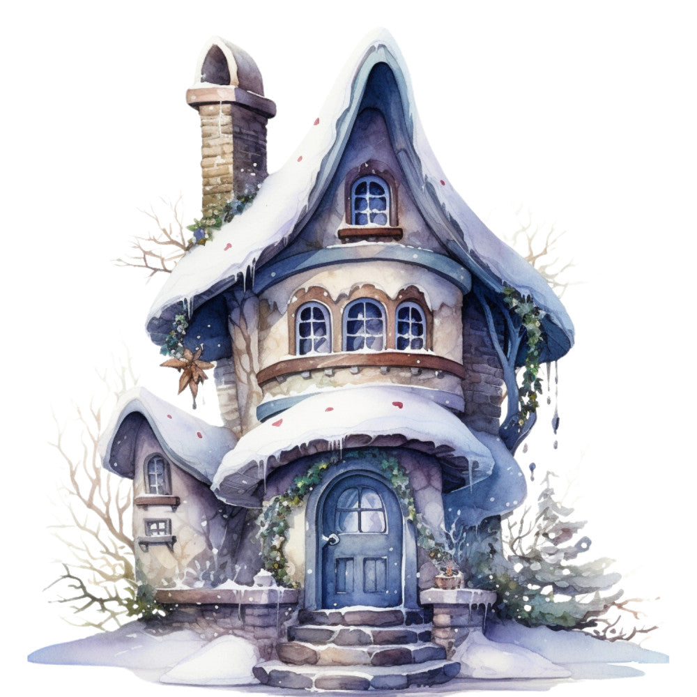 Watercolor Winter Houses Fabric Panel 44