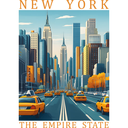 orange, blue, yellow, white, gray, new york cityscape, empire state building, skyscrapers, yellow taxis, street scene, urban landscape, vintage poster style, retro illustration, autumn trees, fabric panel, quilting cotton, travel theme, city buildings, metropolitan, architectural