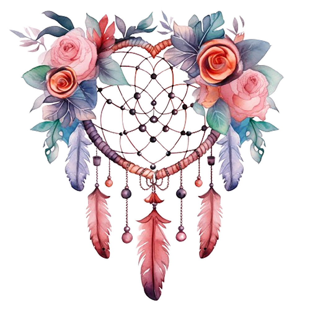 Watercolor Dream Catcher Fabric Panel 8 with heart-shaped web, pink and purple feathers, and vibrant floral accents printed on premium quilting cotton.