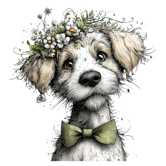 dog, puppy, adorable animals, pet portrait, whimsical, botanical, floral crown, daisies, flowers, spring, nature, cream, tan, beige, sage green, soft green, black, white, elegant, charming, sweet, vintage, botanical illustration, animal illustration, decorative bow tie, garden flowers, meadow flowers, springtime, pastel colors, storybook style