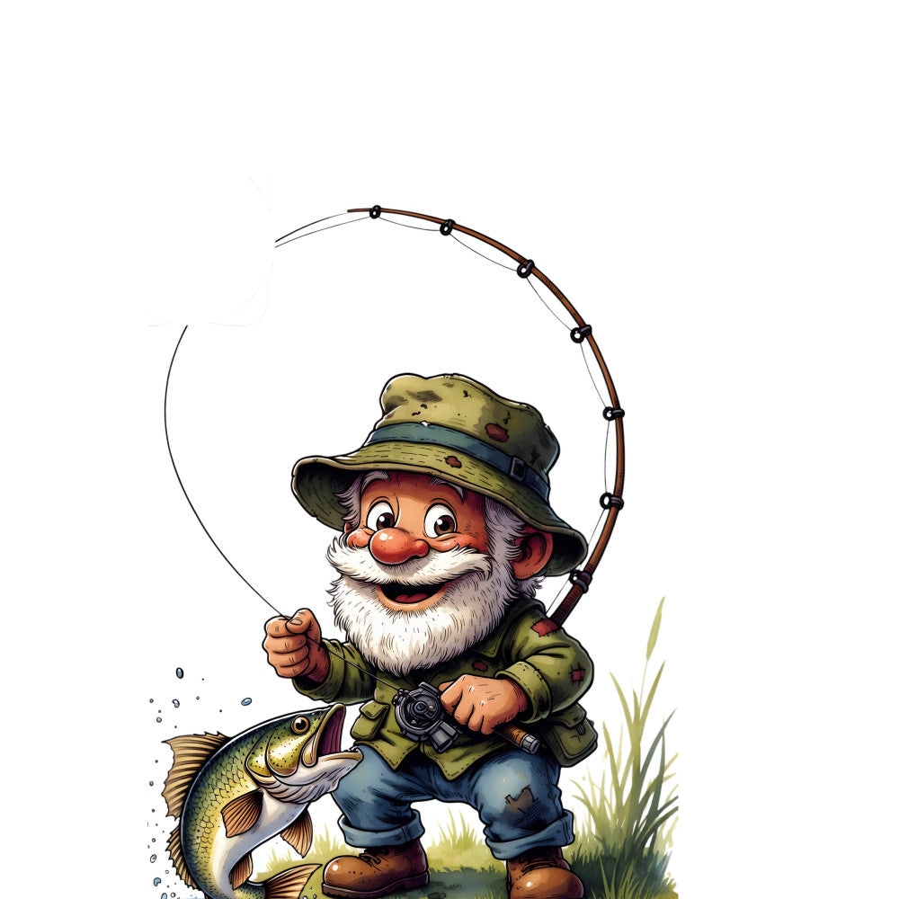 fishing, fisherman, gnome, whimsical, vintage, rustic, nature, outdoor, hobby, fish, rod and reel, character, beige, olive green, blue denim, red nose, white beard, cottage core, folk art, illustration, novelty, sports, recreation, theme, pond, water, catching fish, countryside, traditional, storybook