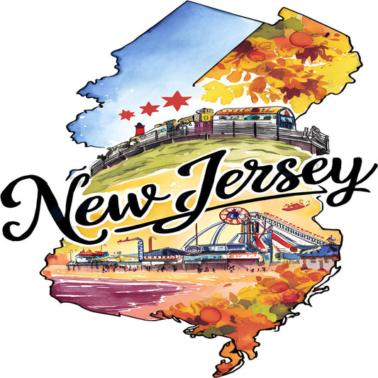 Classic US States Fabric Panel 41 featuring a vibrant New Jersey map design with landmarks and autumn foliage in premium quilting cotton.