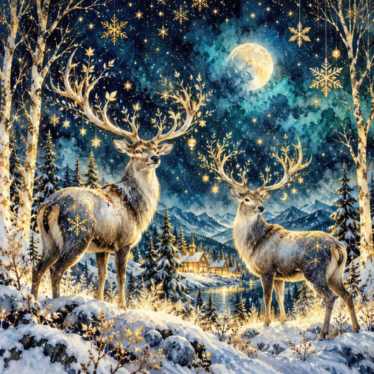 winter, christmas, holiday, celestial, moonlight, deer, reindeer, snow, forest, mountains, magical, whimsical, elegant, navy blue, gold, cream, teal, starry night, snowflakes, trees, cabin, landscape, festive, enchanted, glittering, luminous, nature, woodland, winter wonderland, starlight