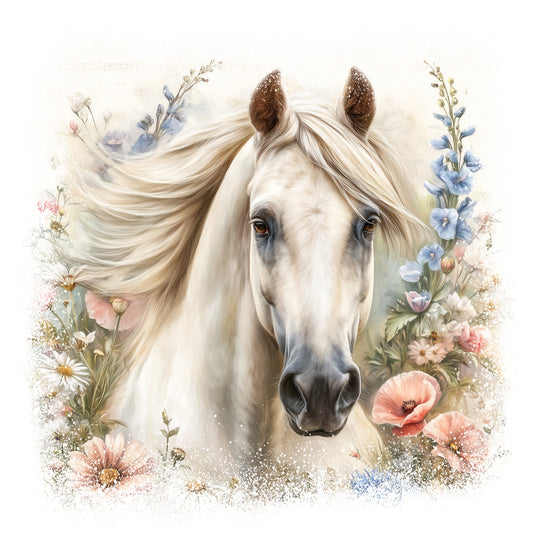 horse portrait, white horse, flowing mane, wildflowers, floral border, pastel colors, pink poppies, blue delphiniums, cream background, soft watercolor, equestrian theme, fabric panel, quilting cotton, gentle expression, botanical elements, spring flowers, feminine design, dreamy aesthetic, nature scene, animal portrait