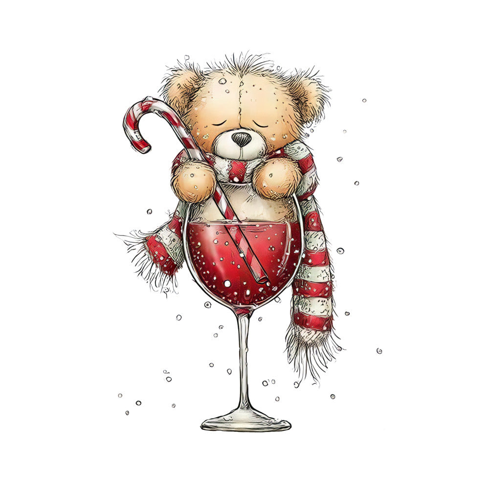 teddy bear, wine glass, candy cane, red and white stripes, christmas scarf, whimsical illustration, holiday theme, fabric panel, quilting cotton, festive colors, burgundy red, cream beige, brown bear, cocktail glass, winter accessories, cute character, christmas motif, snowflakes, hand-drawn style, seasonal fabric