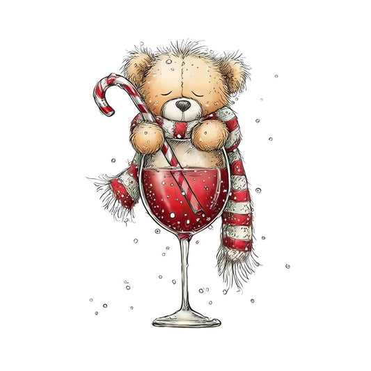 teddy bear, wine glass, candy cane, red and white stripes, christmas scarf, whimsical illustration, holiday theme, fabric panel, quilting cotton, festive colors, burgundy red, cream beige, brown bear, cocktail glass, winter accessories, cute character, christmas motif, snowflakes, hand-drawn style, seasonal fabric