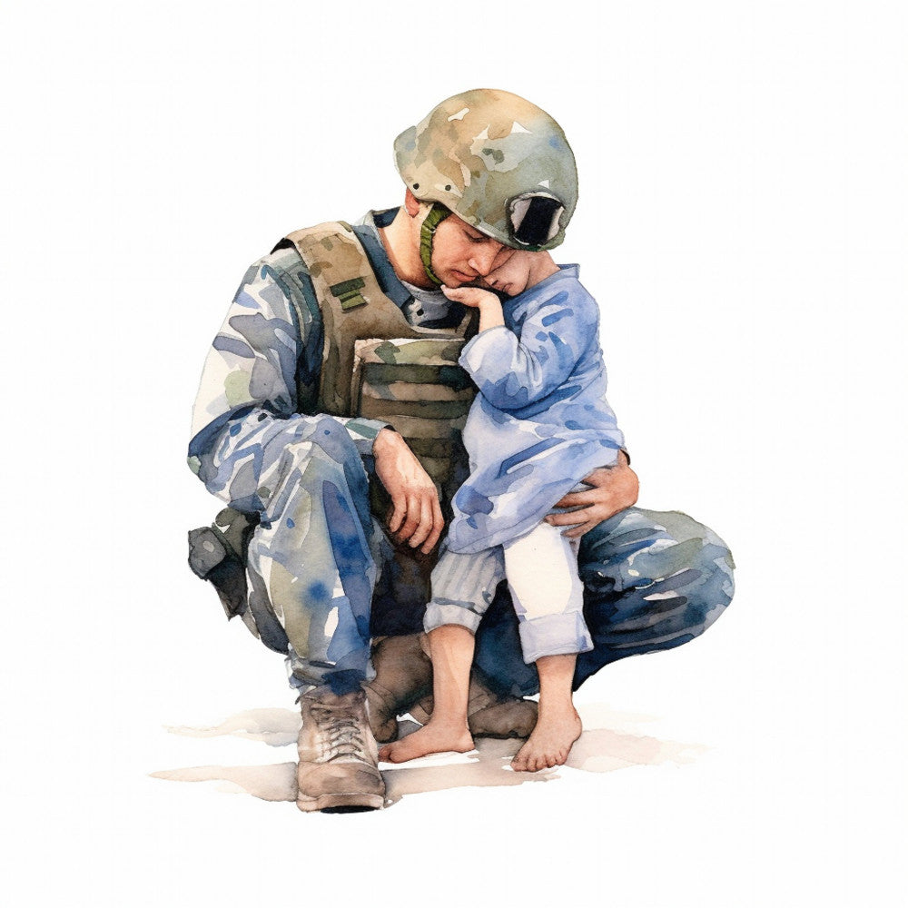 military, soldier, camouflage, camo pattern, tan, khaki, sage green, blue-gray, desert tan, child, children, kids, baby, patriotic, heroic, emotional, touching, family, love, protection, service, courage, bravery, contemporary, realistic, watercolor style, modern illustration, figurative, humanitarian, tribute