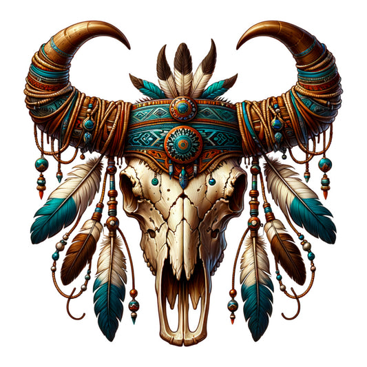 buffalo skull, horns, feathers, turquoise, brown, cream, teal, native american, tribal design, dreamcatcher, beads, geometric patterns, southwestern, boho style, fabric panel, quilting cotton, spiritual symbols, rustic, earthy tones, decorative elements