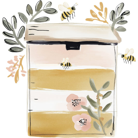 bee, honey bee, floral, nature, botanical, spring, summer, pastel, cream, beige, tan, gold, dusty rose, blush pink, sage green, olive green, whimsical, modern, watercolor, illustration, hand-painted, organic, wildflower, leaves, foliage, striped, layered, baby quilt, wall hanging, nursey