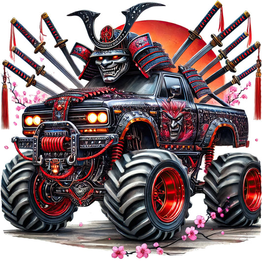 red, black, orange, pink, gold, metallic, samurai, demon, warrior, asian, japanese, cultural, monster, truck, vehicle, automotive, monster truck, gothic, edgy, bold, dramatic, glowing lights, flowers, cherry blossoms, spring, whimsical, statement print, eye-catching, menacing, fierce